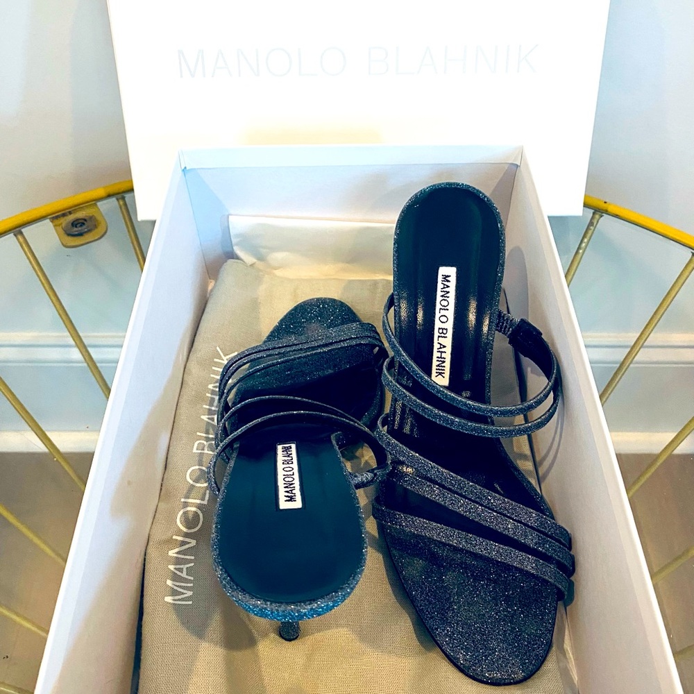 Stunning Manolo Blahnik Size 37.5 Strappy Heel in Box - Gunmetal Glitter